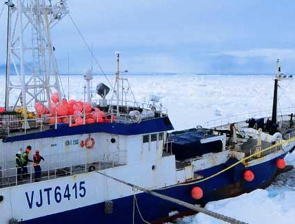 a deep sea fishing vessel trapped in ice